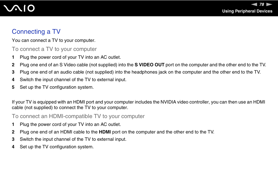 Connecting a tv | Sony VGN-FZ200 User Manual | Page 78 / 187