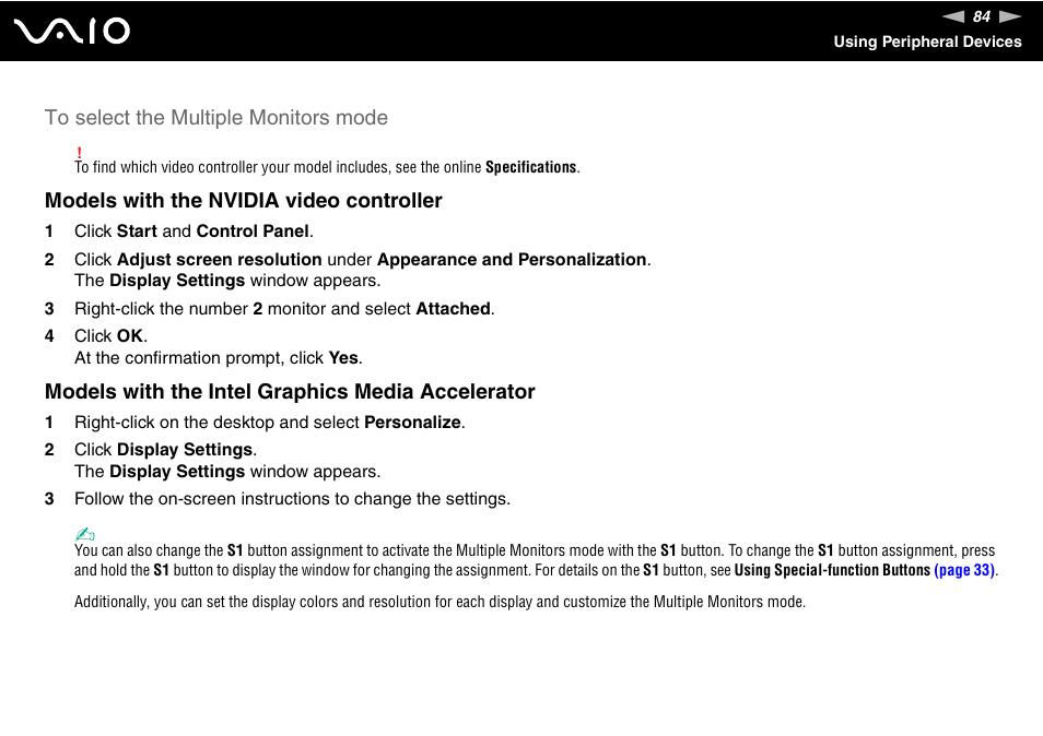 Models with the nvidia video controller, Models with the intel graphics media accelerator | Sony VGN-FZ200 User Manual | Page 84 / 187