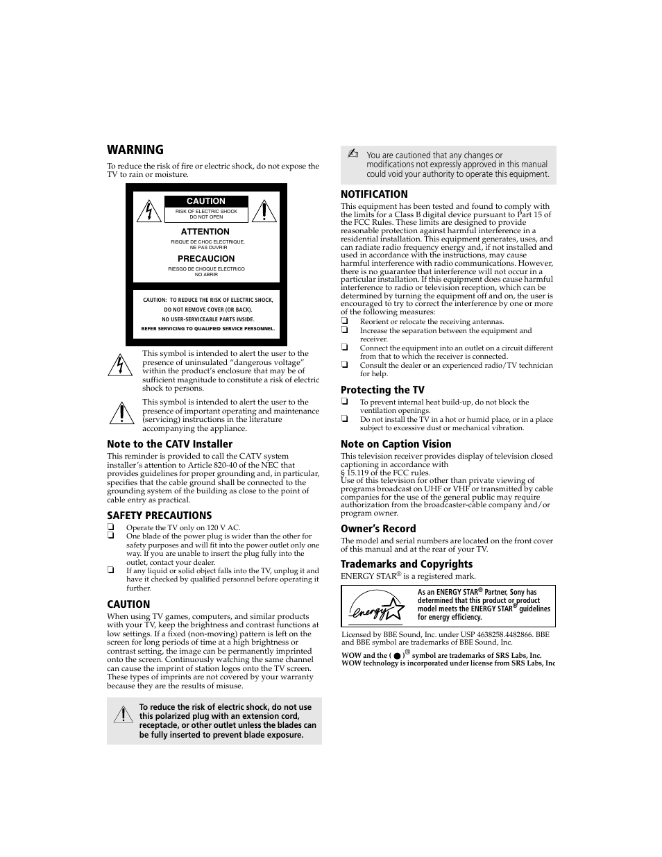 Warning, Connecting additional equipment, Safety precautions | Caution, Notification, Protecting the tv, Owner’s record, Trademarks and copyrights | Sony WEGA  KV-20FV300 User Manual | Page 2 / 49