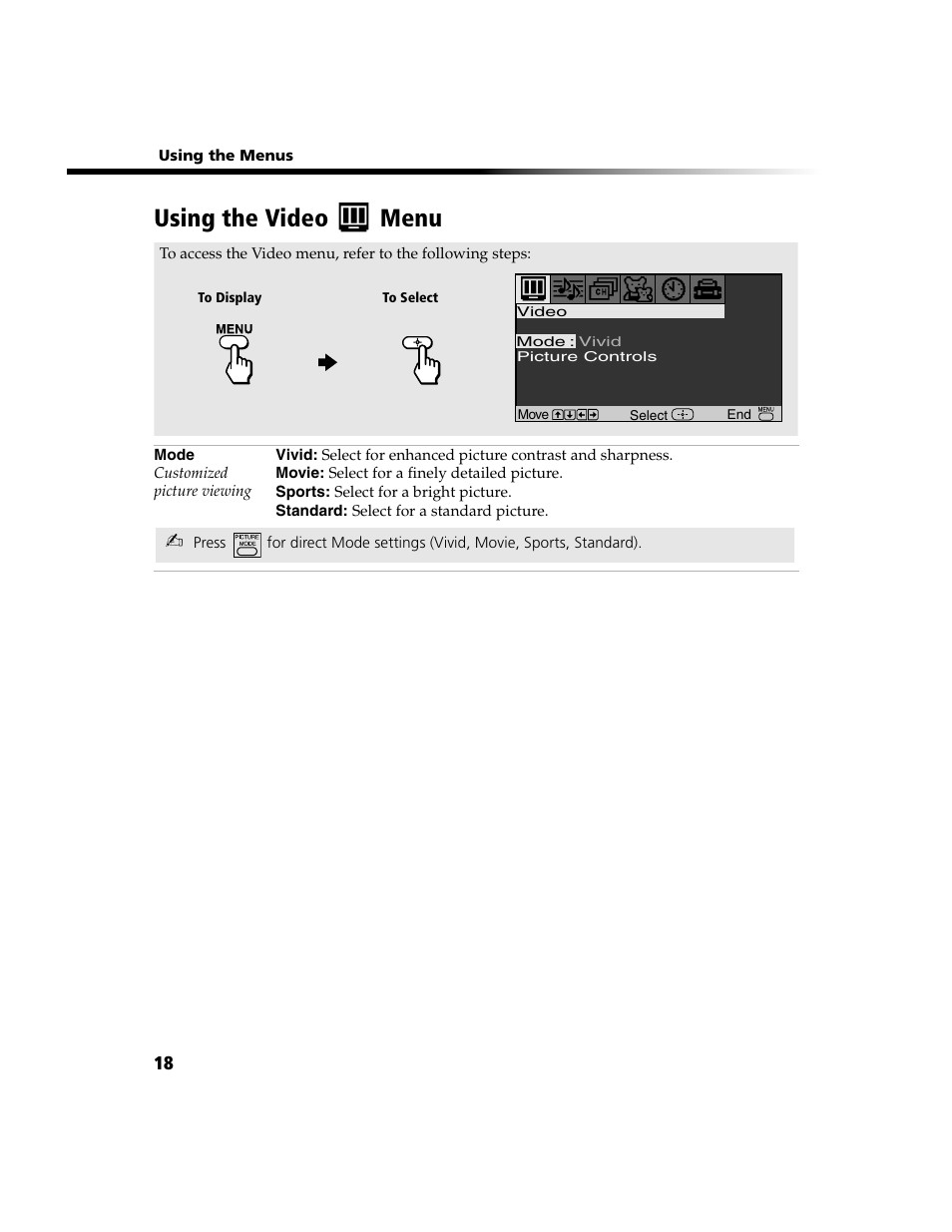 Video menu, Using the video menu | Sony WEGA  KV-20FV300 User Manual | Page 24 / 49