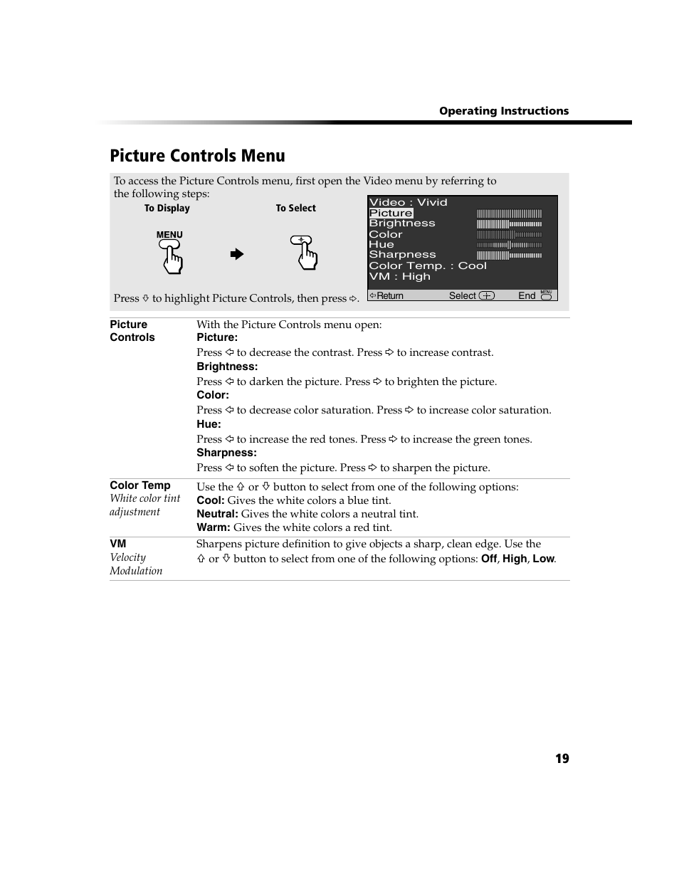 Picture controls menu | Sony WEGA  KV-20FV300 User Manual | Page 25 / 49