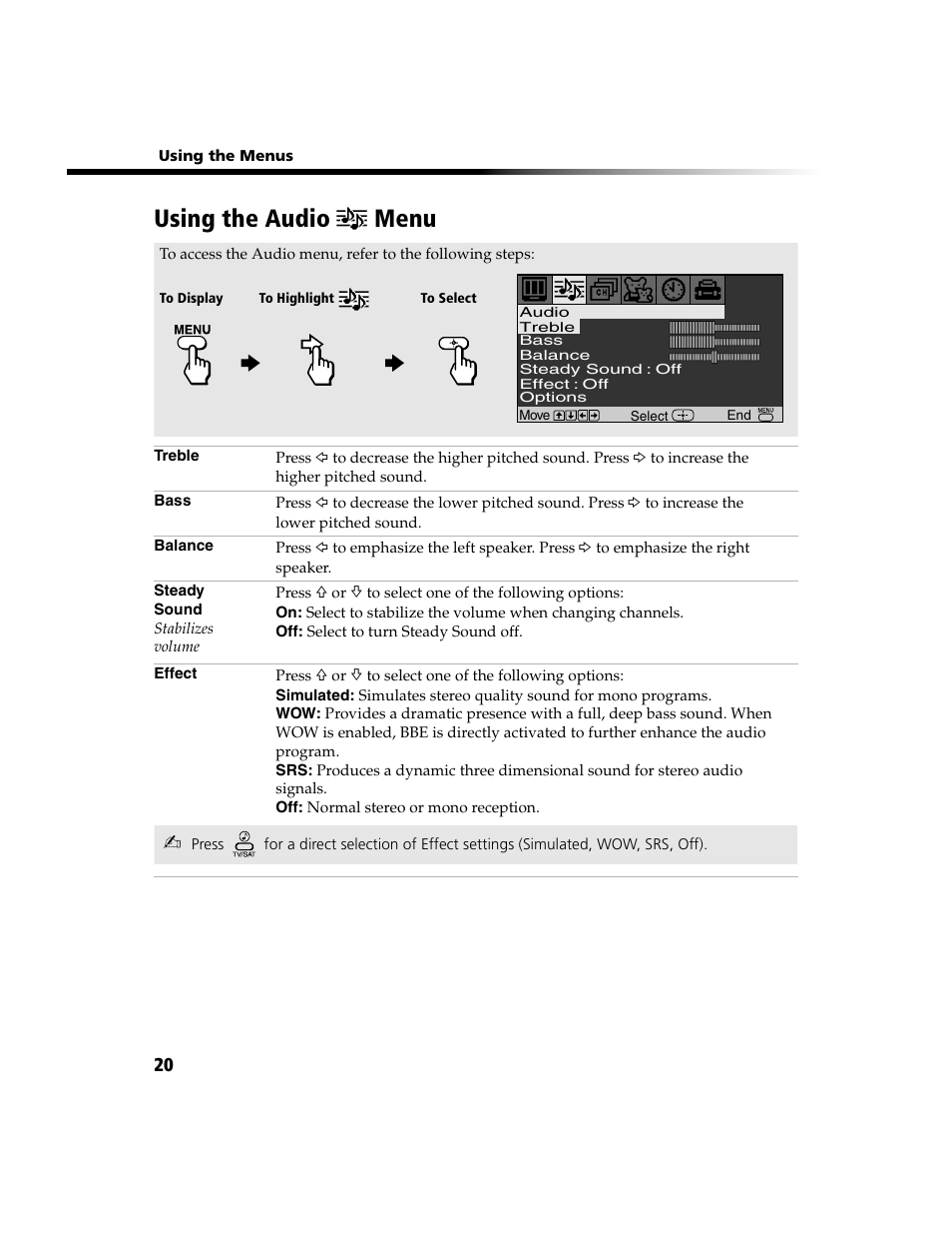 Audio menu, Using the audio menu | Sony WEGA  KV-20FV300 User Manual | Page 26 / 49