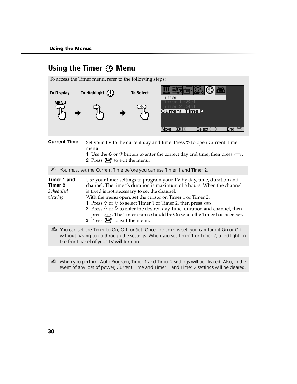Timer menu, Using the timer menu | Sony WEGA  KV-20FV300 User Manual | Page 36 / 49