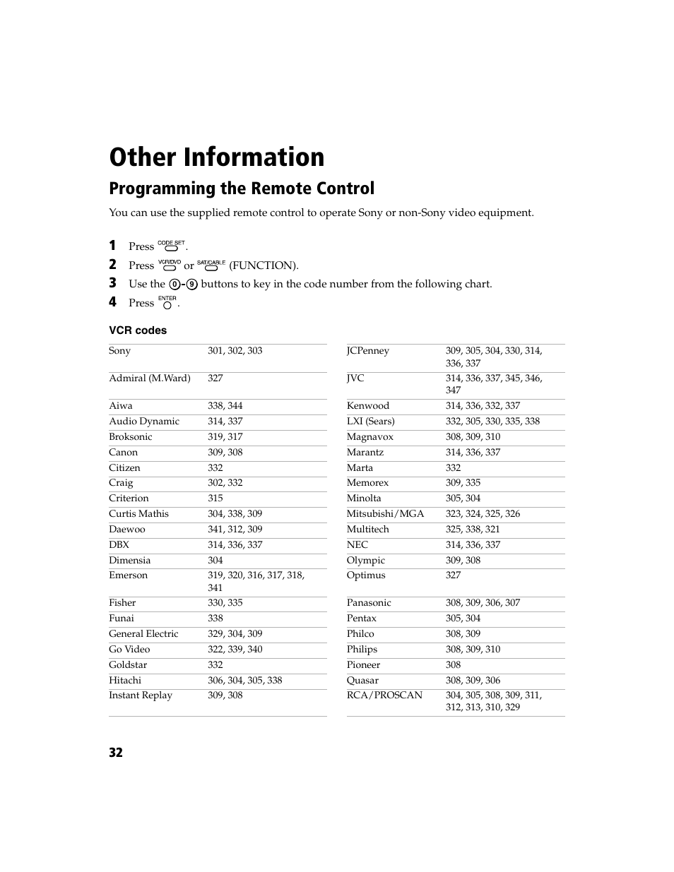 Remote programming, Other information, Programming the remote control | Sony WEGA  KV-20FV300 User Manual | Page 38 / 49