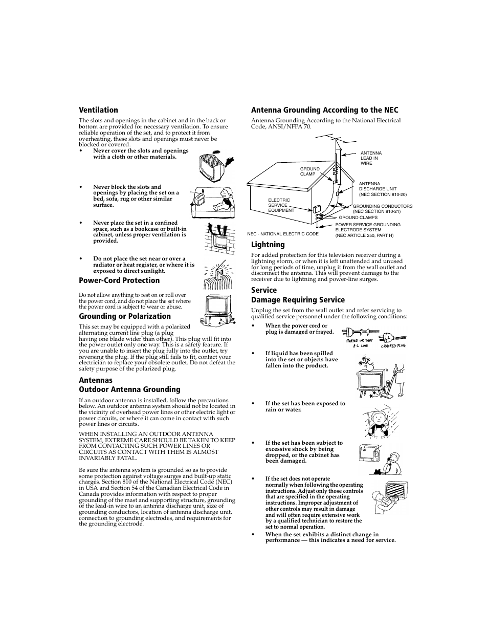 Connecting additional equipment ventilation, Power-cord protection, Grounding or polarization | Antennas outdoor antenna grounding, Antenna grounding according to the nec, Lightning, Service damage requiring service | Sony WEGA  KV-20FV300 User Manual | Page 4 / 49