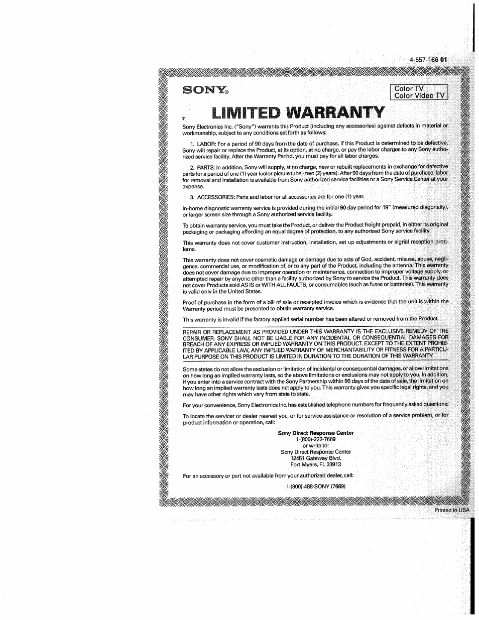 Warranty | Sony WEGA  KV-20FV300 User Manual | Page 47 / 49
