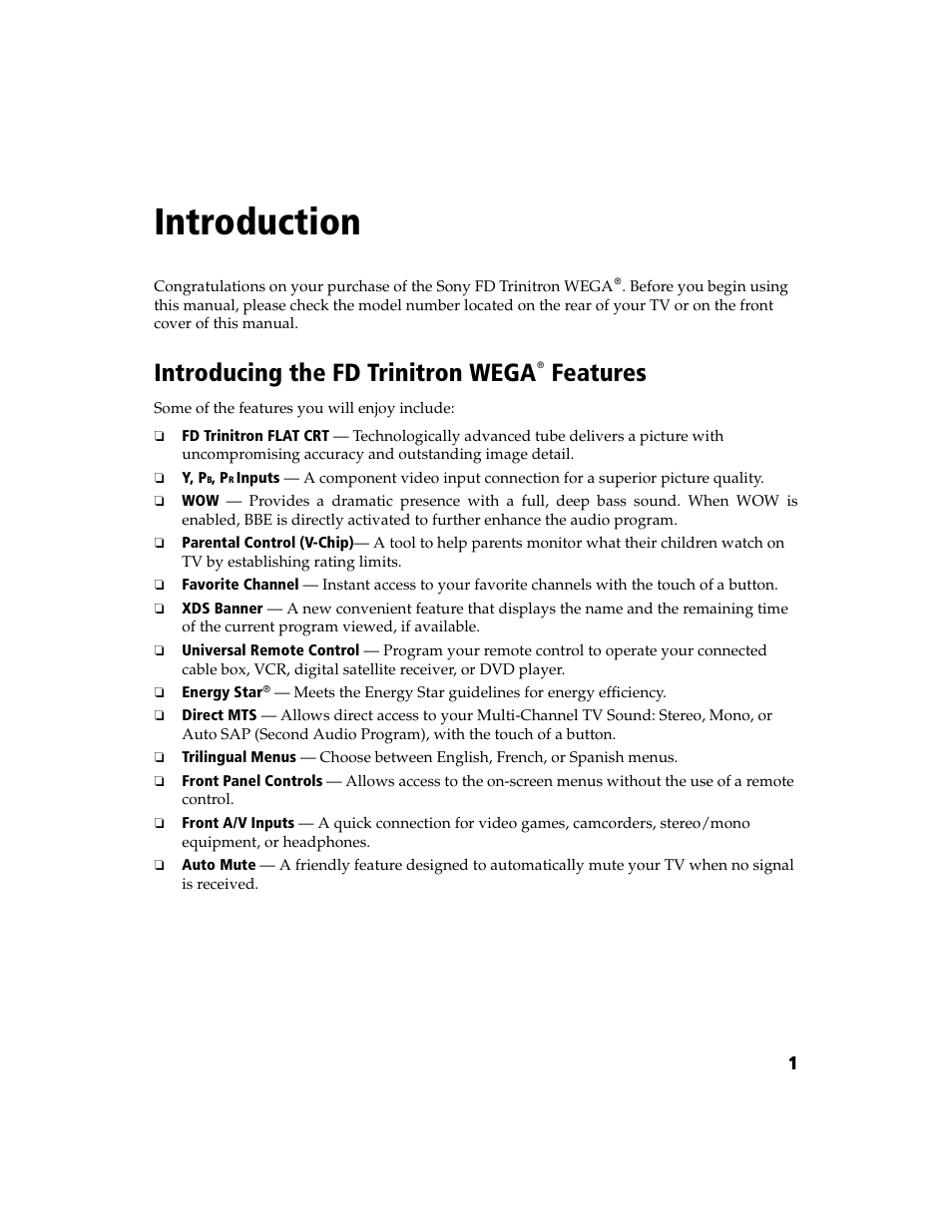 Introduction, Introducing the fd trinitron wega features | Sony WEGA  KV-20FV300 User Manual | Page 7 / 49