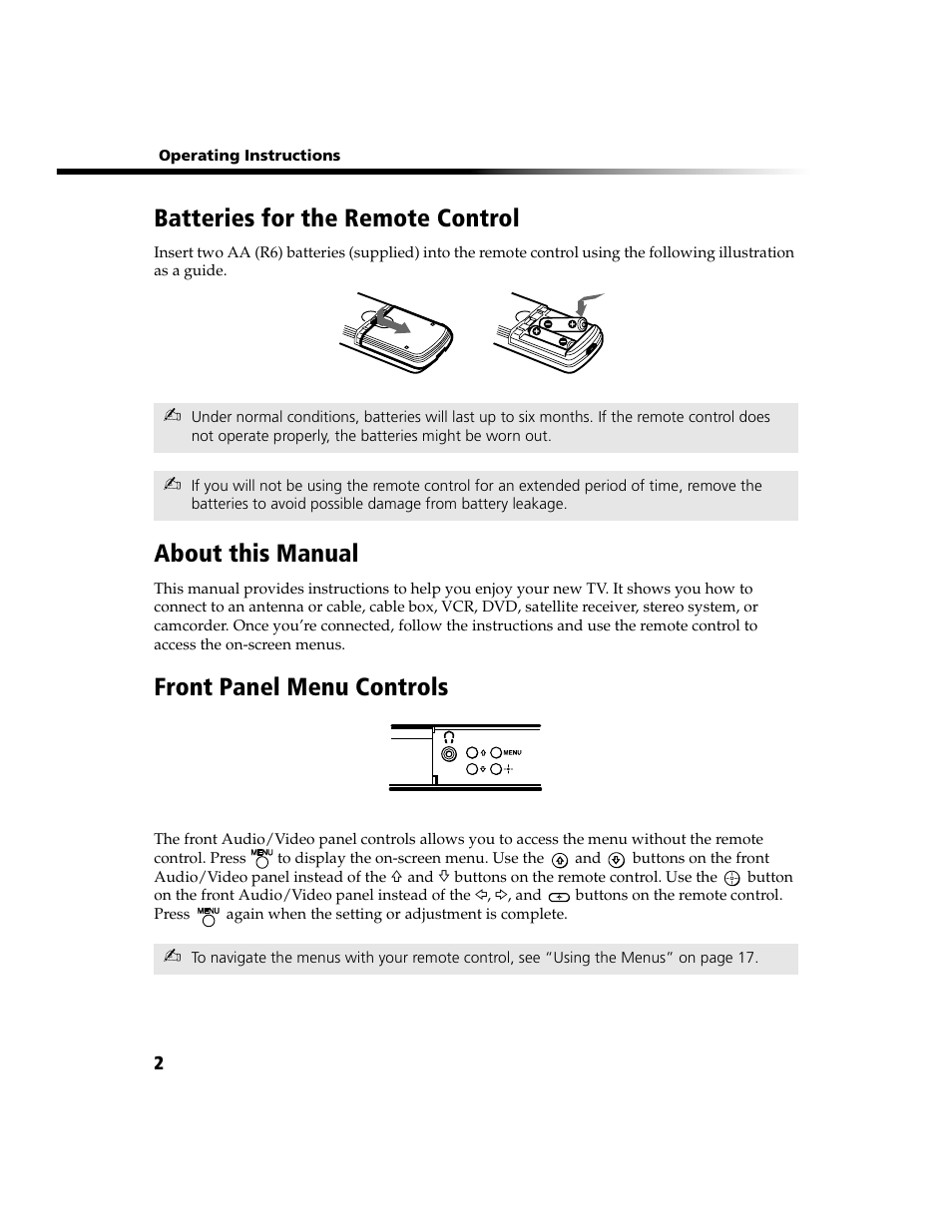 Front panel controls, Batteries for the remote control, About this manual | Front panel menu controls | Sony WEGA  KV-20FV300 User Manual | Page 8 / 49