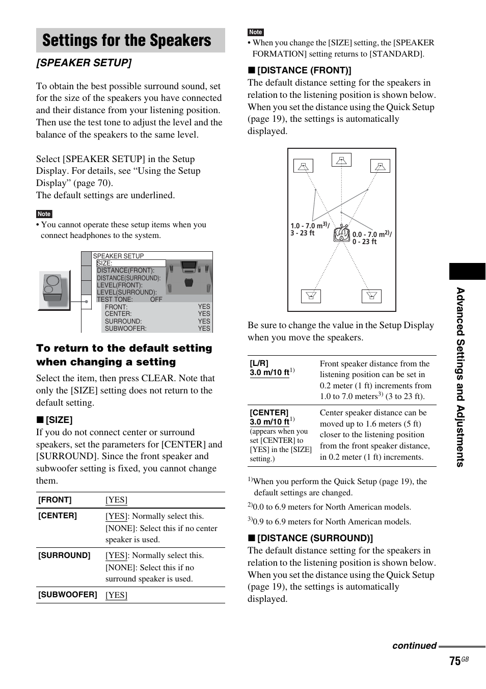 Settings for the speakers, Speaker setup, Ad v a nc ed settings and adjus tments | Sony DAV-DZ410 User Manual | Page 75 / 100