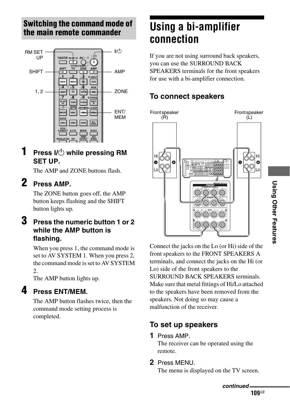 Using a bi-amplifier connection | Sony 3-875-814-11(1) User Manual | Page 109 / 175