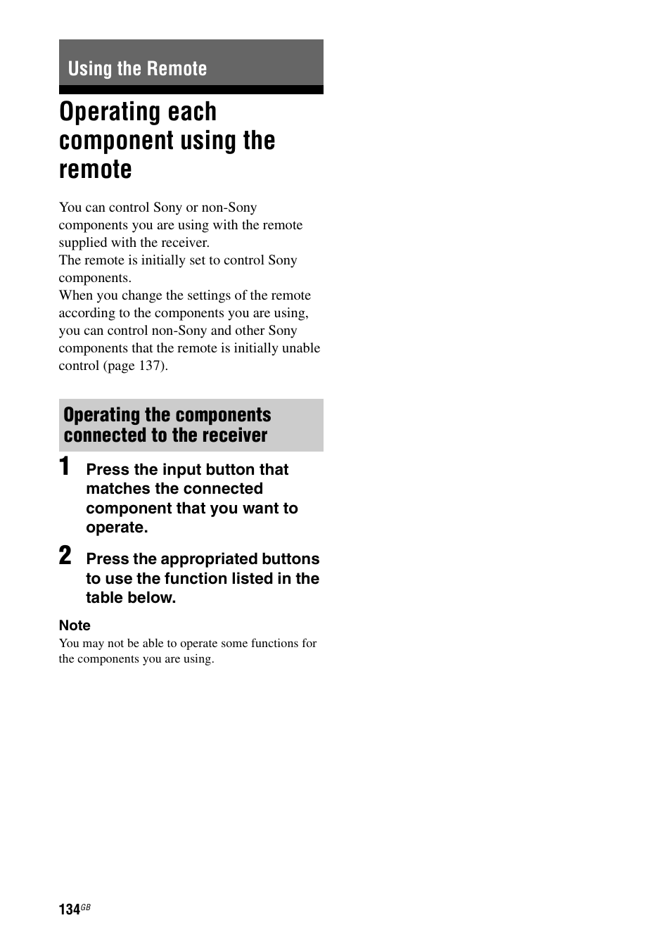 Using the remote, Operating each component using the remote, Operating each component using the | Remote | Sony 3-875-814-11(1) User Manual | Page 134 / 175