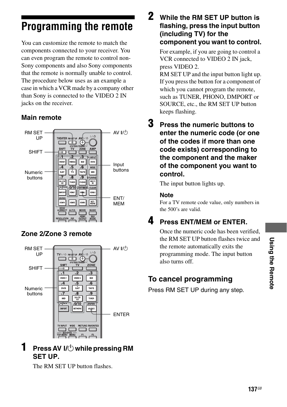 Programming the remote | Sony 3-875-814-11(1) User Manual | Page 137 / 175