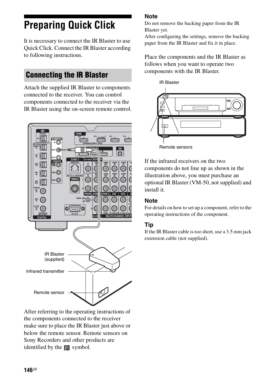 Preparing quick click, Connecting the ir blaster | Sony 3-875-814-11(1) User Manual | Page 146 / 175