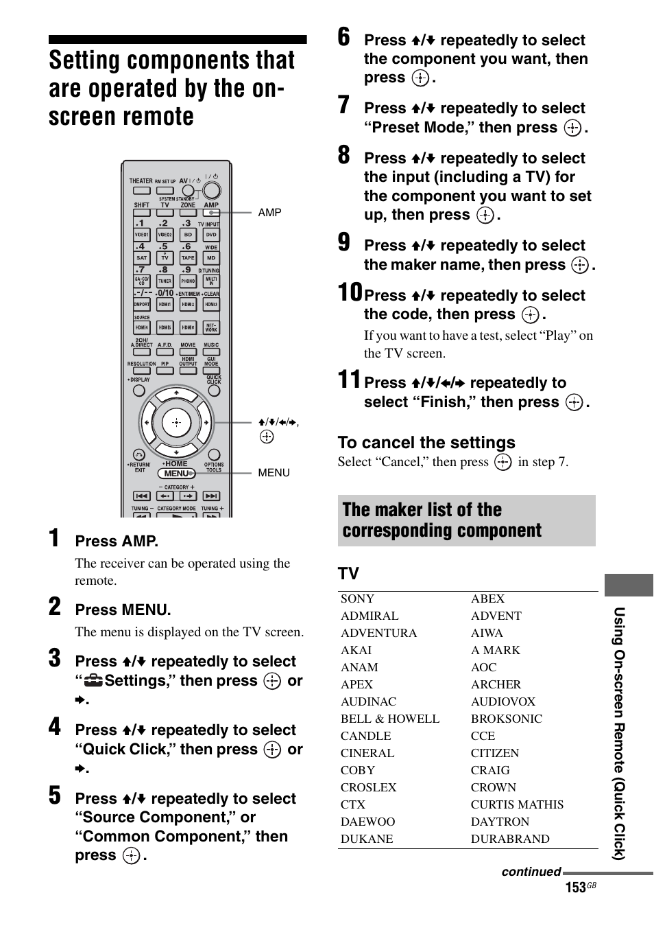 Setting components that are operated by the, On-screen remote, The maker list of the corresponding component | Sony 3-875-814-11(1) User Manual | Page 153 / 175