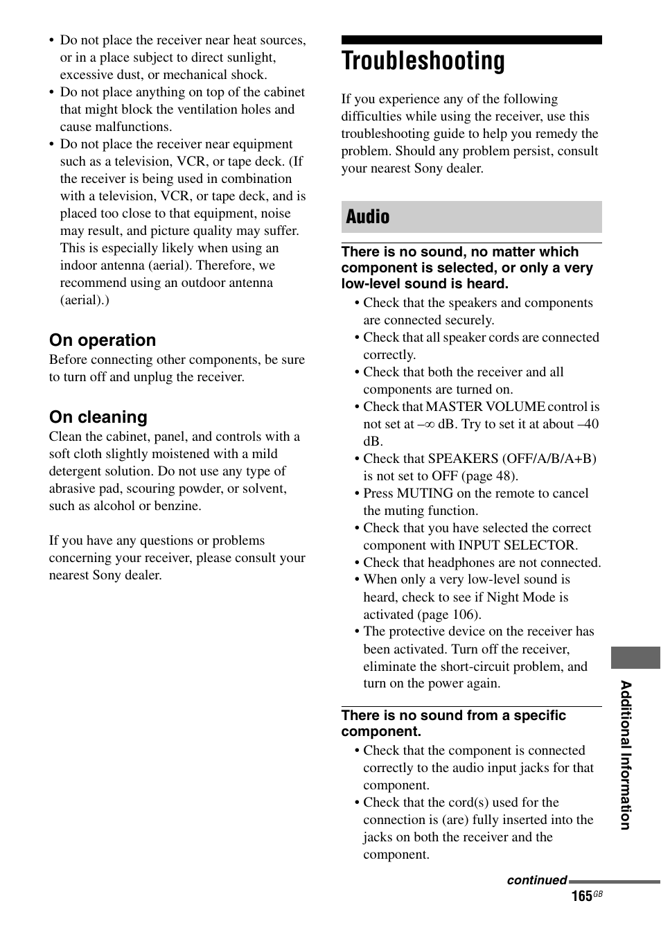 Troubleshooting, Audio, On operation | On cleaning | Sony 3-875-814-11(1) User Manual | Page 165 / 175