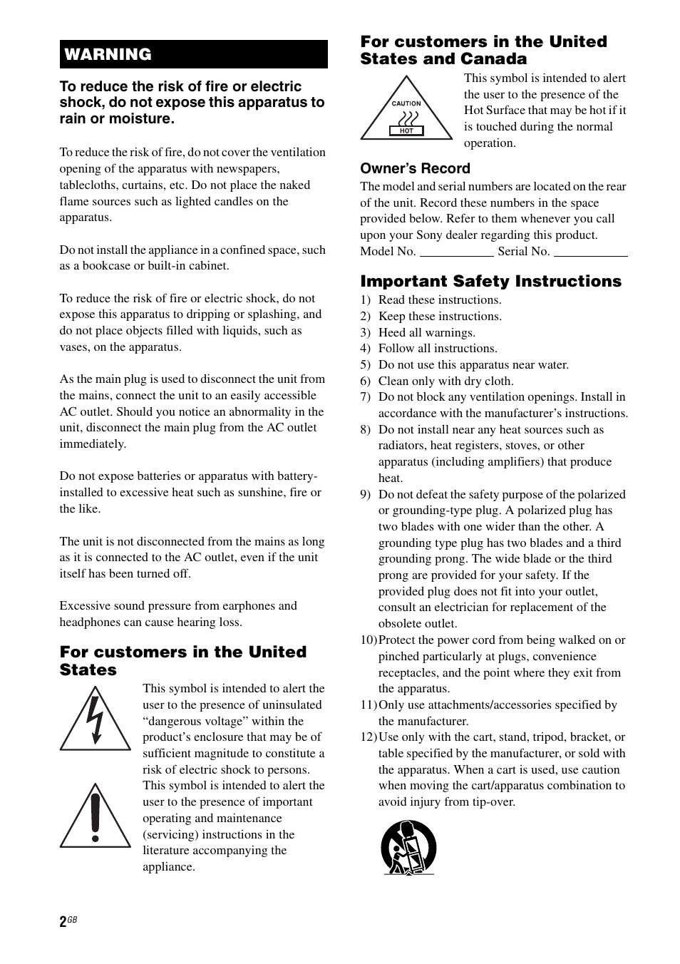 For customers in the united states, For customers in the united states and canada, Important safety instructions | Warning | Sony 3-875-814-11(1) User Manual | Page 2 / 175