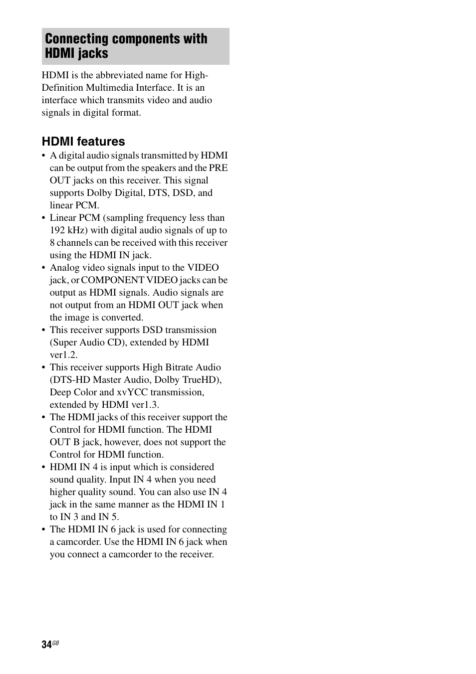 Connecting components with hdmi jacks, Hdmi features | Sony 3-875-814-11(1) User Manual | Page 34 / 175