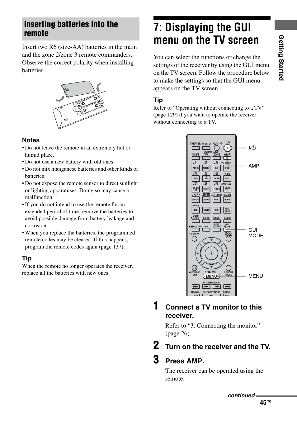 Displaying the gui menu on the tv screen, Displaying the gui menu on the tv, Screen | Inserting batteries into the remote | Sony 3-875-814-11(1) User Manual | Page 45 / 175