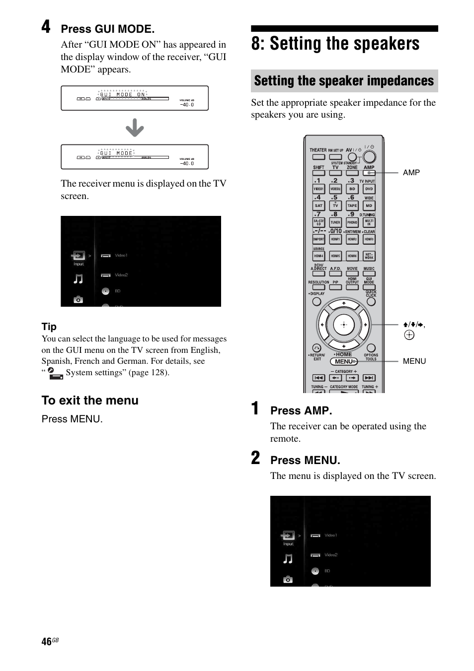 Setting the speakers, Setting the speaker impedances | Sony 3-875-814-11(1) User Manual | Page 46 / 175