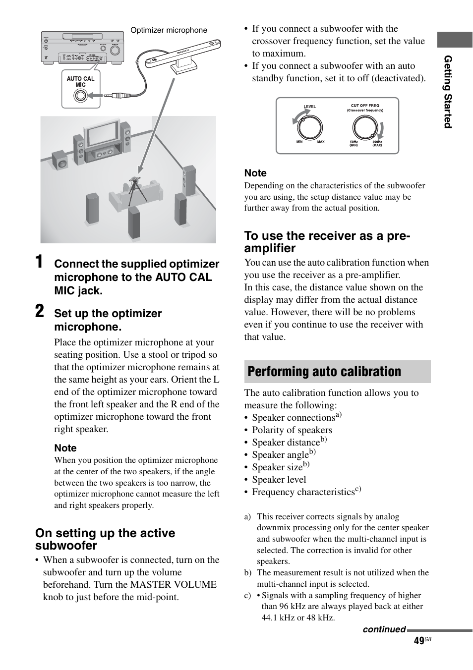 Performing auto calibration, On setting up the active subwoofer | Sony 3-875-814-11(1) User Manual | Page 49 / 175