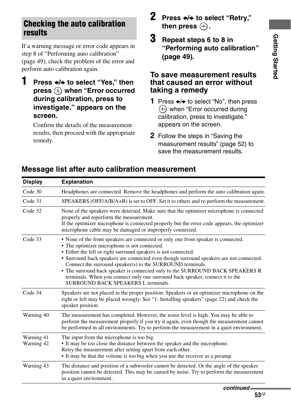 Checking the auto calibration results, Message list after auto calibration measurement | Sony 3-875-814-11(1) User Manual | Page 53 / 175