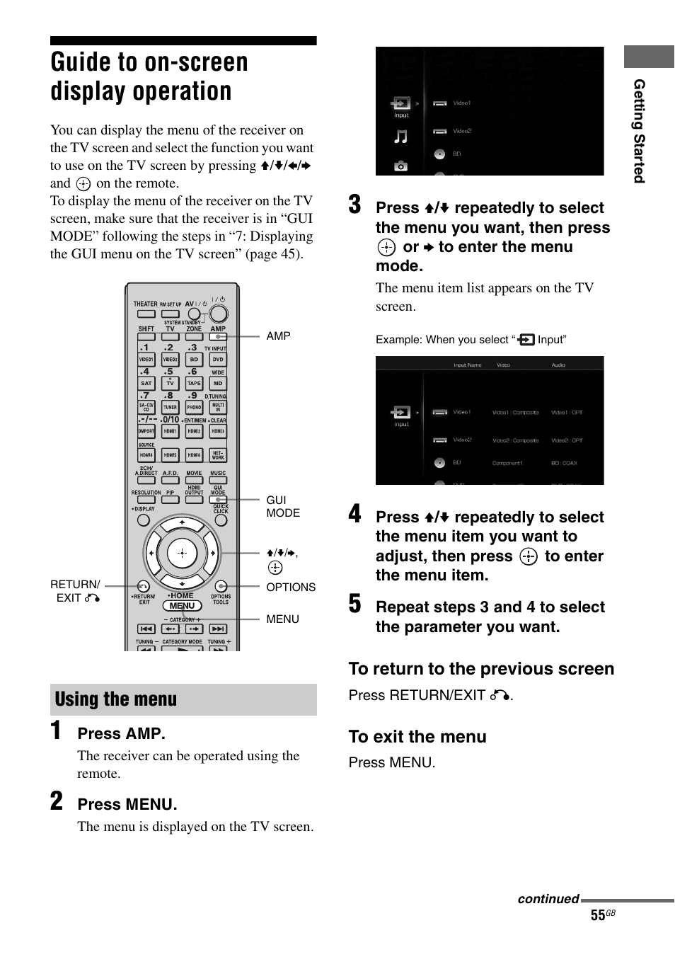 Guide to on-screen display operation, Using the menu | Sony 3-875-814-11(1) User Manual | Page 55 / 175