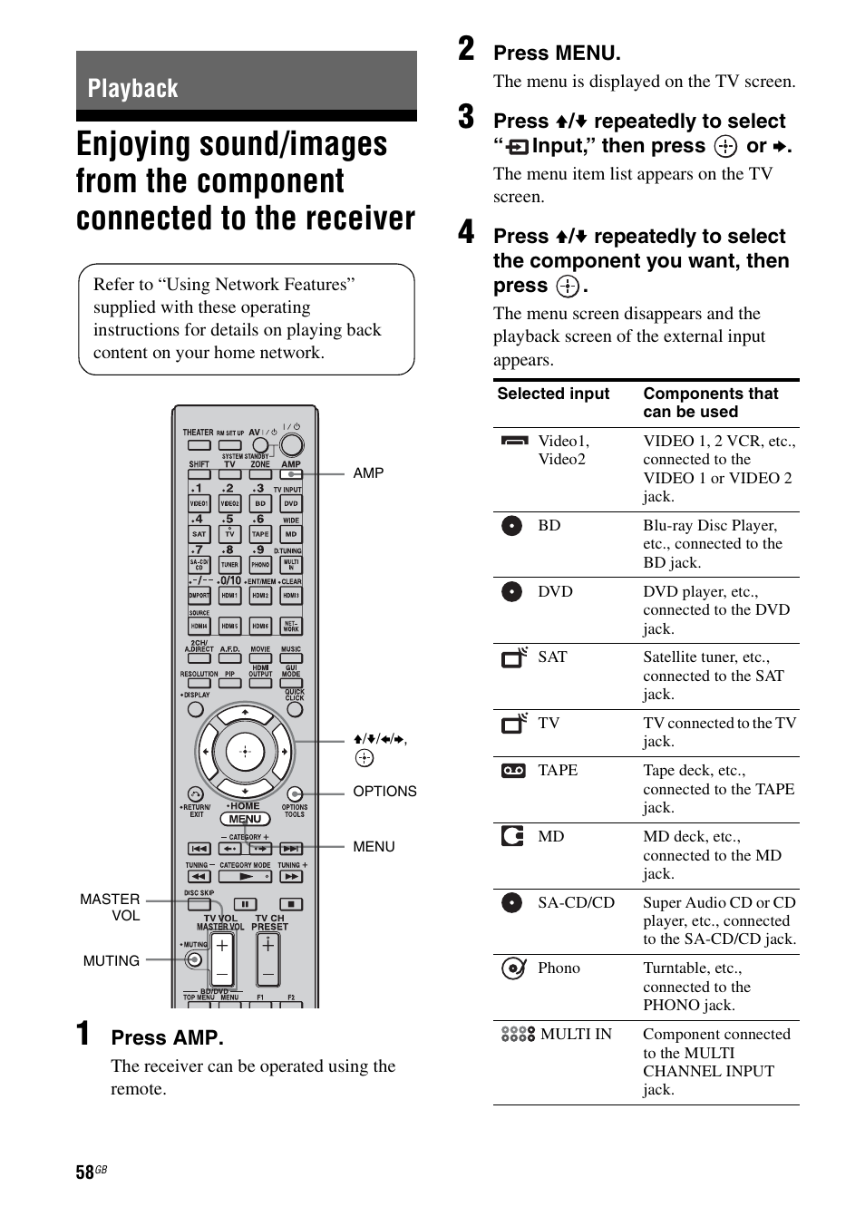 Playback, Enjoying sound/images from the component, Connected to the receiver | Sony 3-875-814-11(1) User Manual | Page 58 / 175