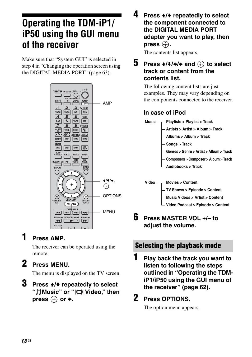 Operating the tdm-ip1/ip50 using the gui, Menu of the receiver, Selecting the playback mode | Sony 3-875-814-11(1) User Manual | Page 62 / 175