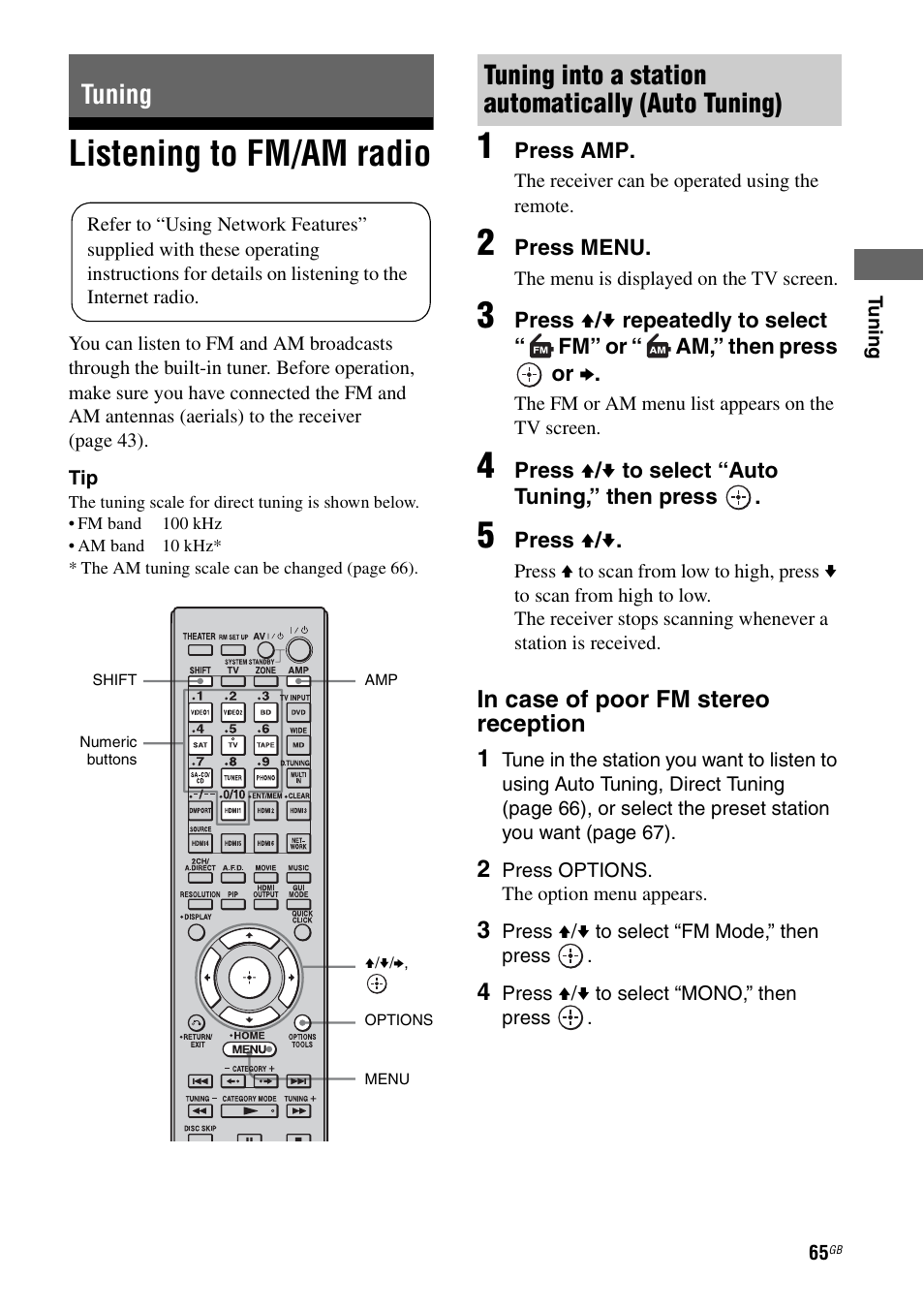 Tuning, Listening to fm/am radio, Tuning into a station automatically (auto tuning) | Sony 3-875-814-11(1) User Manual | Page 65 / 175