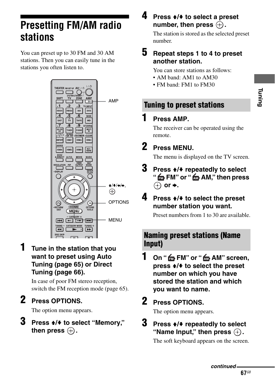 Presetting fm/am radio stations | Sony 3-875-814-11(1) User Manual | Page 67 / 175