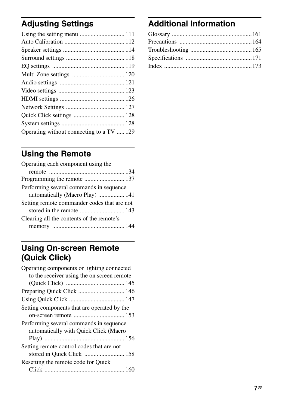 Adjusting settings, Using the remote, Using on-screen remote (quick click) | Additional information | Sony 3-875-814-11(1) User Manual | Page 7 / 175