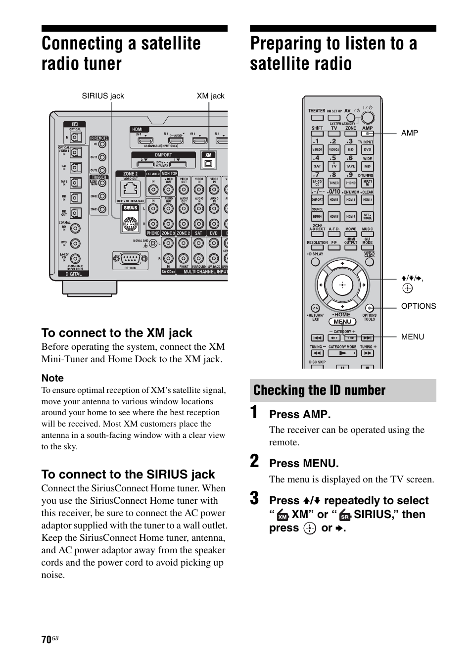 Connecting a satellite radio tuner, Preparing to listen to a satellite radio, Preparing to listen to a satellite radio 1 | Checking the id number | Sony 3-875-814-11(1) User Manual | Page 70 / 175