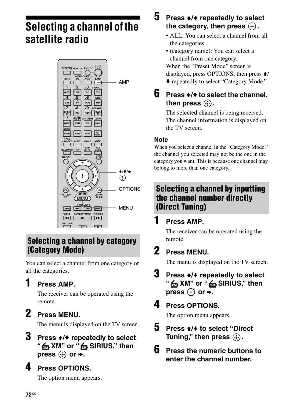 Selecting a channel of the satellite radio | Sony 3-875-814-11(1) User Manual | Page 72 / 175