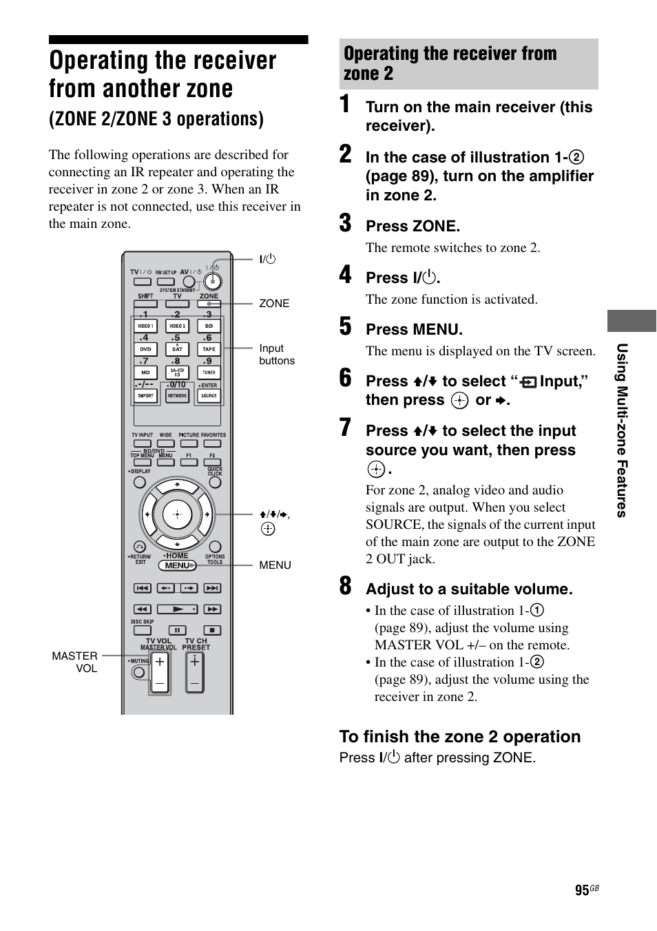 Operating the receiver from another zone, Zone 2/zone 3 operations), Operating the receiver from zone 2 | Sony 3-875-814-11(1) User Manual | Page 95 / 175