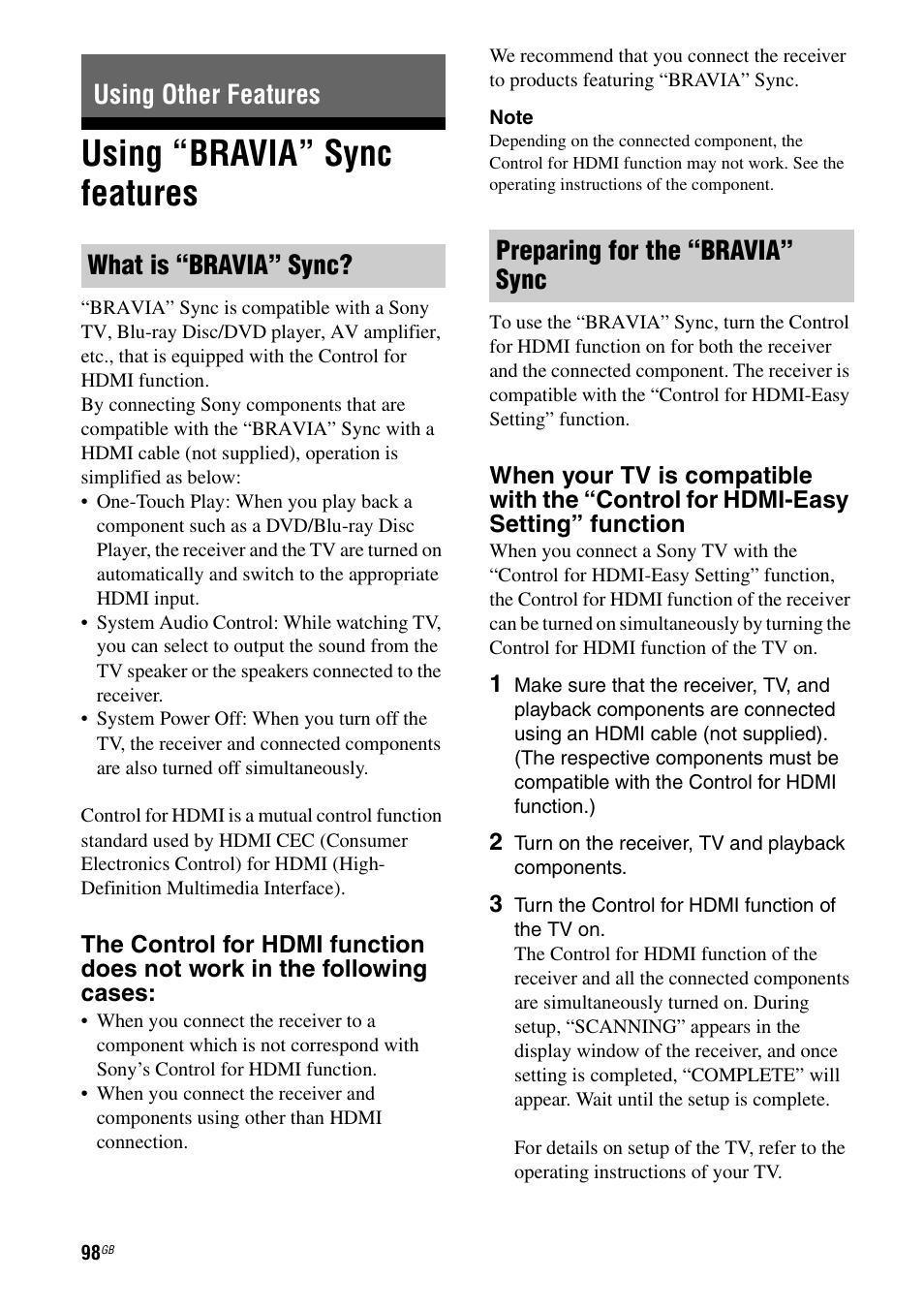 Using other features, Using “bravia” sync features | Sony 3-875-814-11(1) User Manual | Page 98 / 175