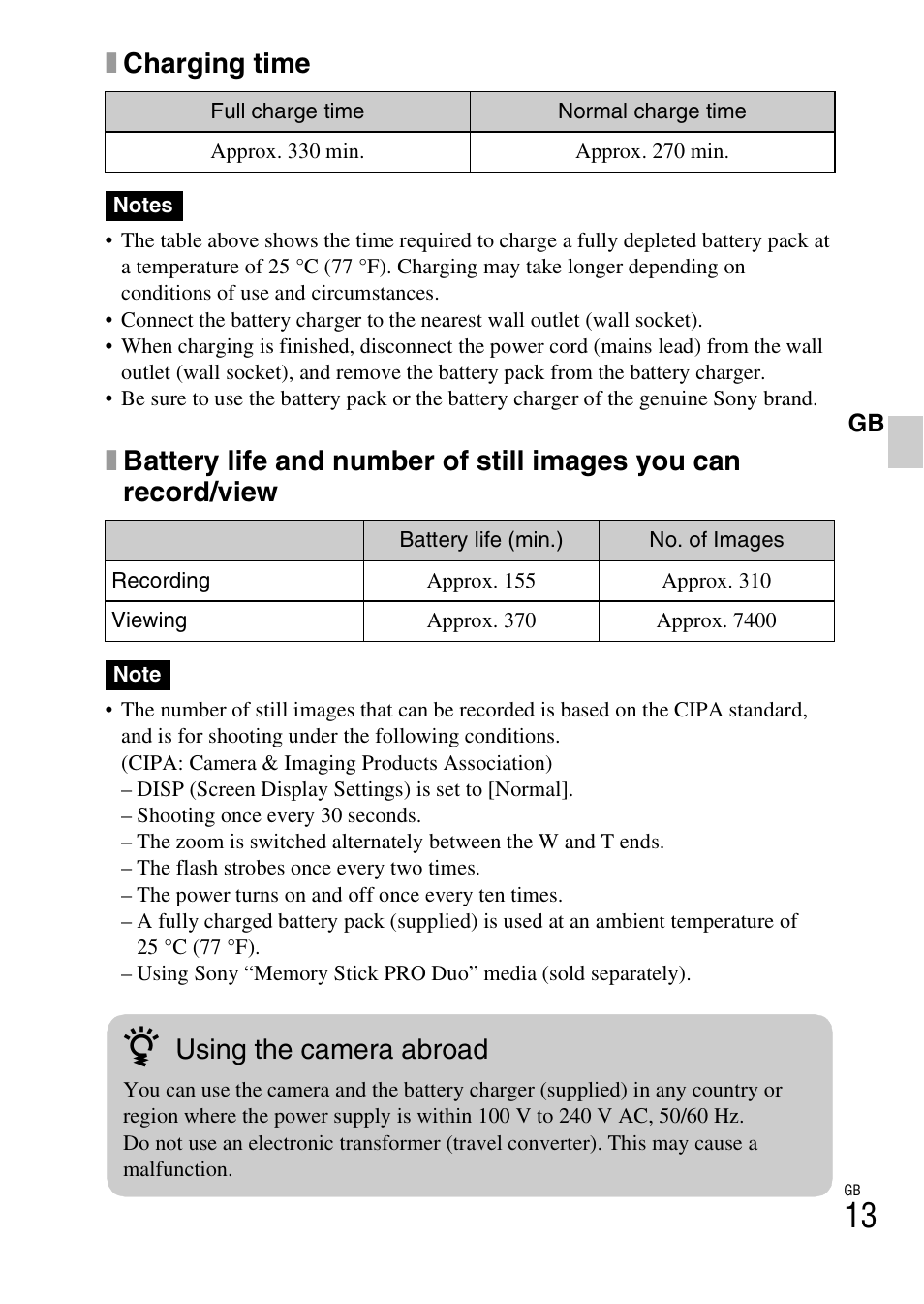 Xcharging time, Using the camera abroad | Sony CYBER-SHOT DSC-H55 User Manual | Page 13 / 56