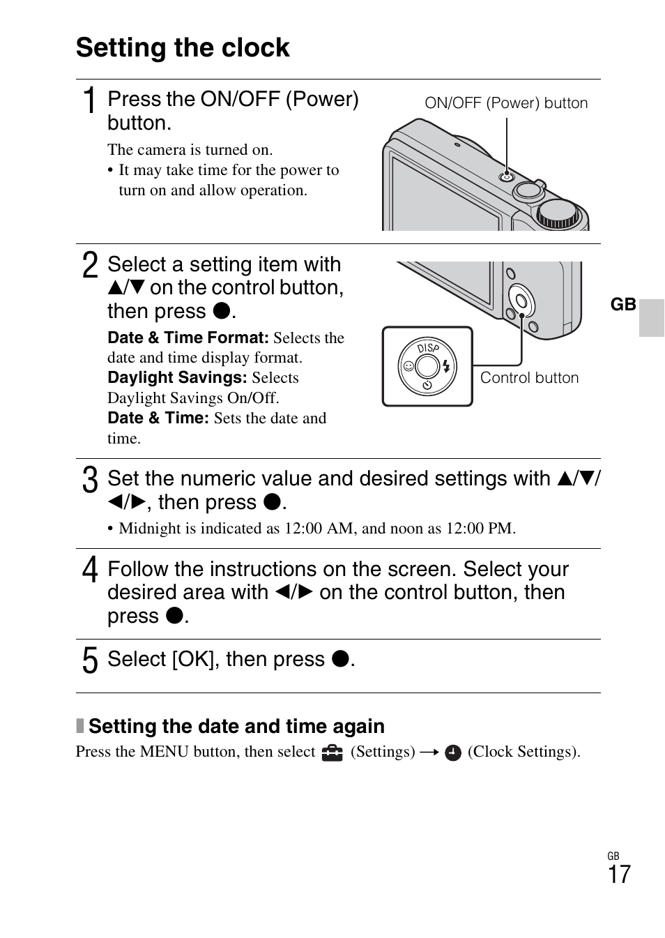 Setting the clock | Sony CYBER-SHOT DSC-H55 User Manual | Page 17 / 56
