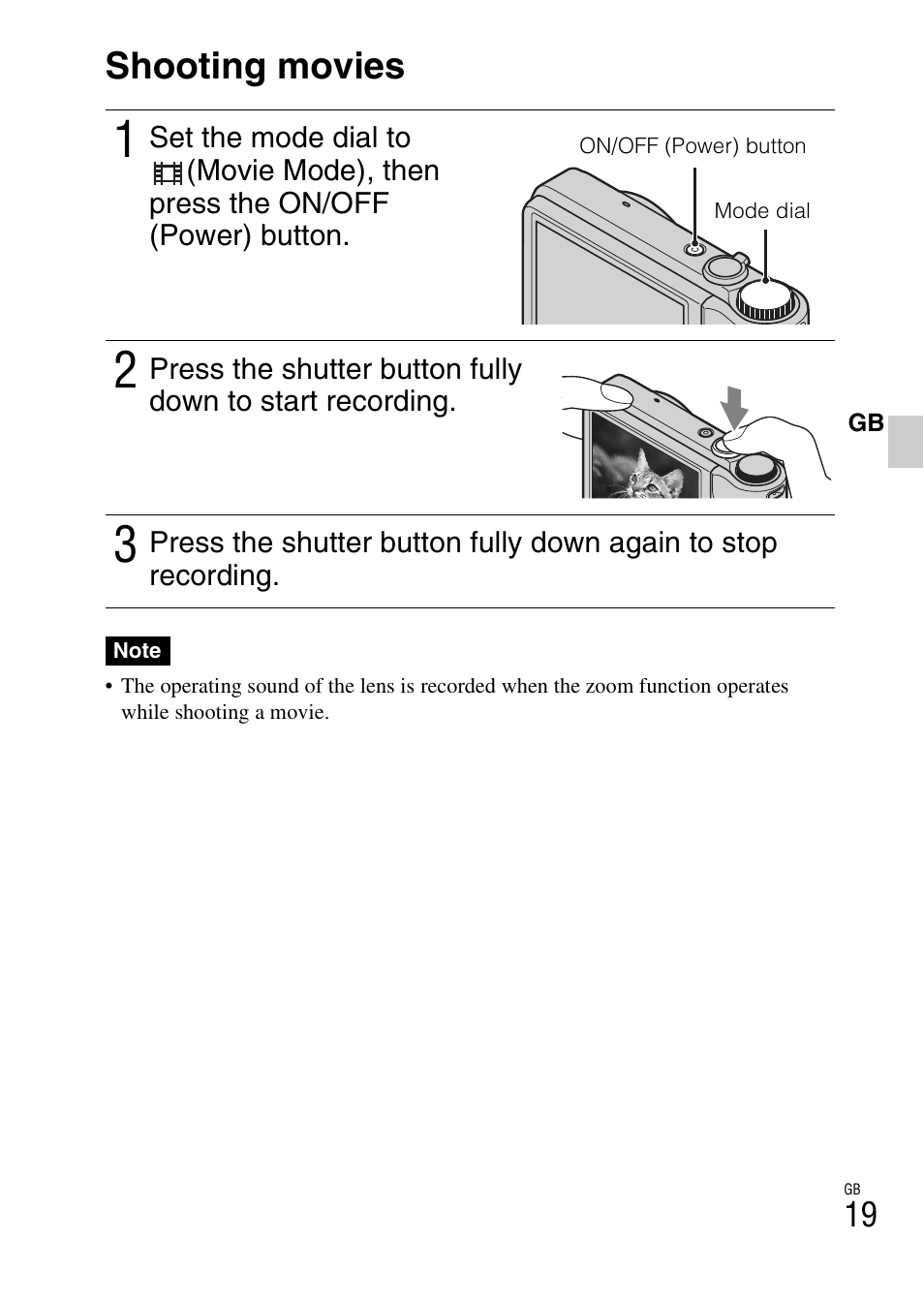 Shooting movies | Sony CYBER-SHOT DSC-H55 User Manual | Page 19 / 56