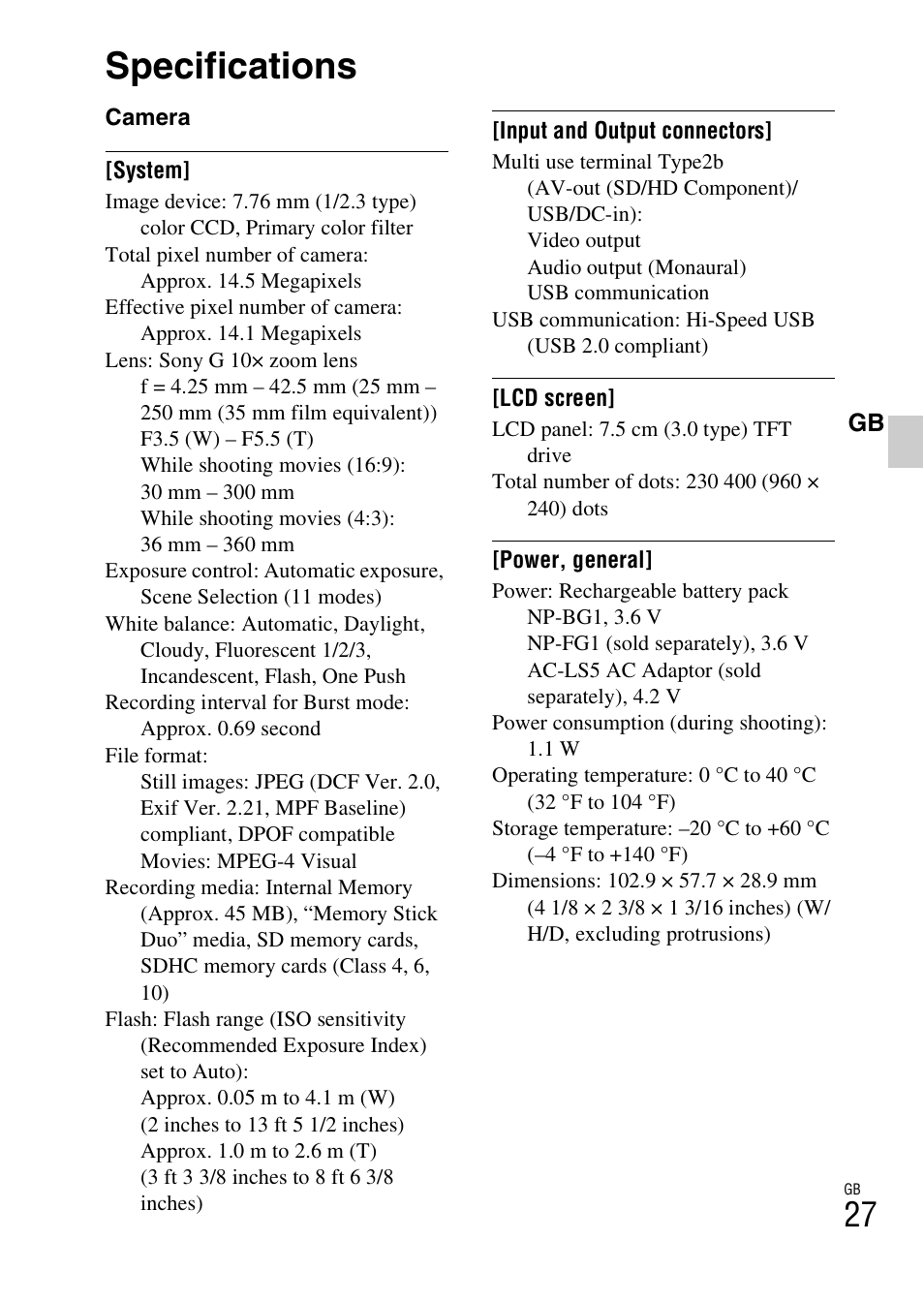 Specifications | Sony CYBER-SHOT DSC-H55 User Manual | Page 27 / 56
