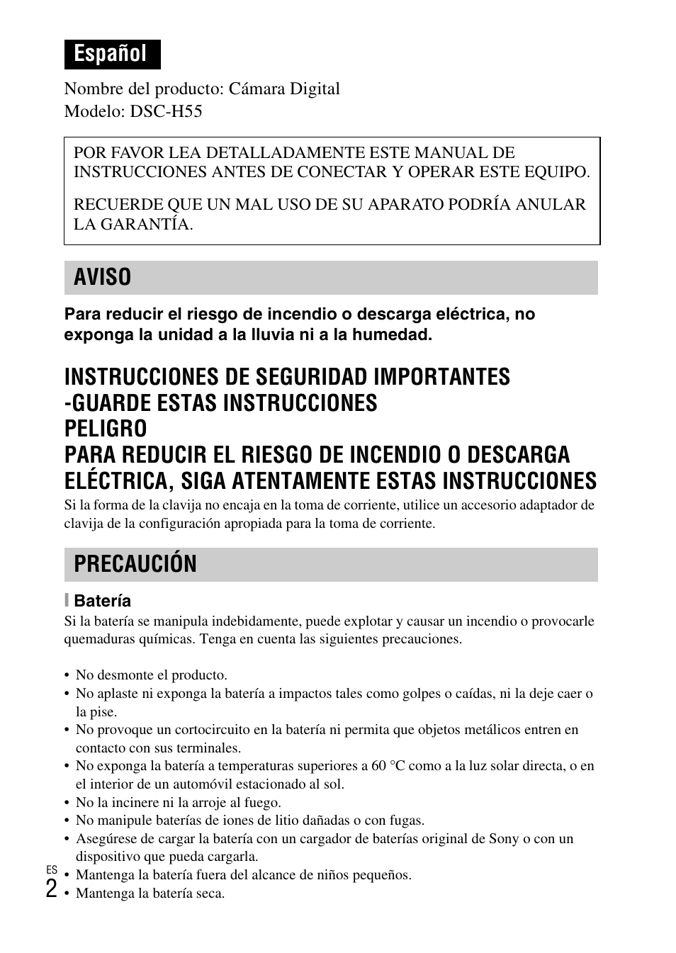 Español, Instrucciones de seguridad importantes, Aviso precaución | Sony CYBER-SHOT DSC-H55 User Manual | Page 30 / 56