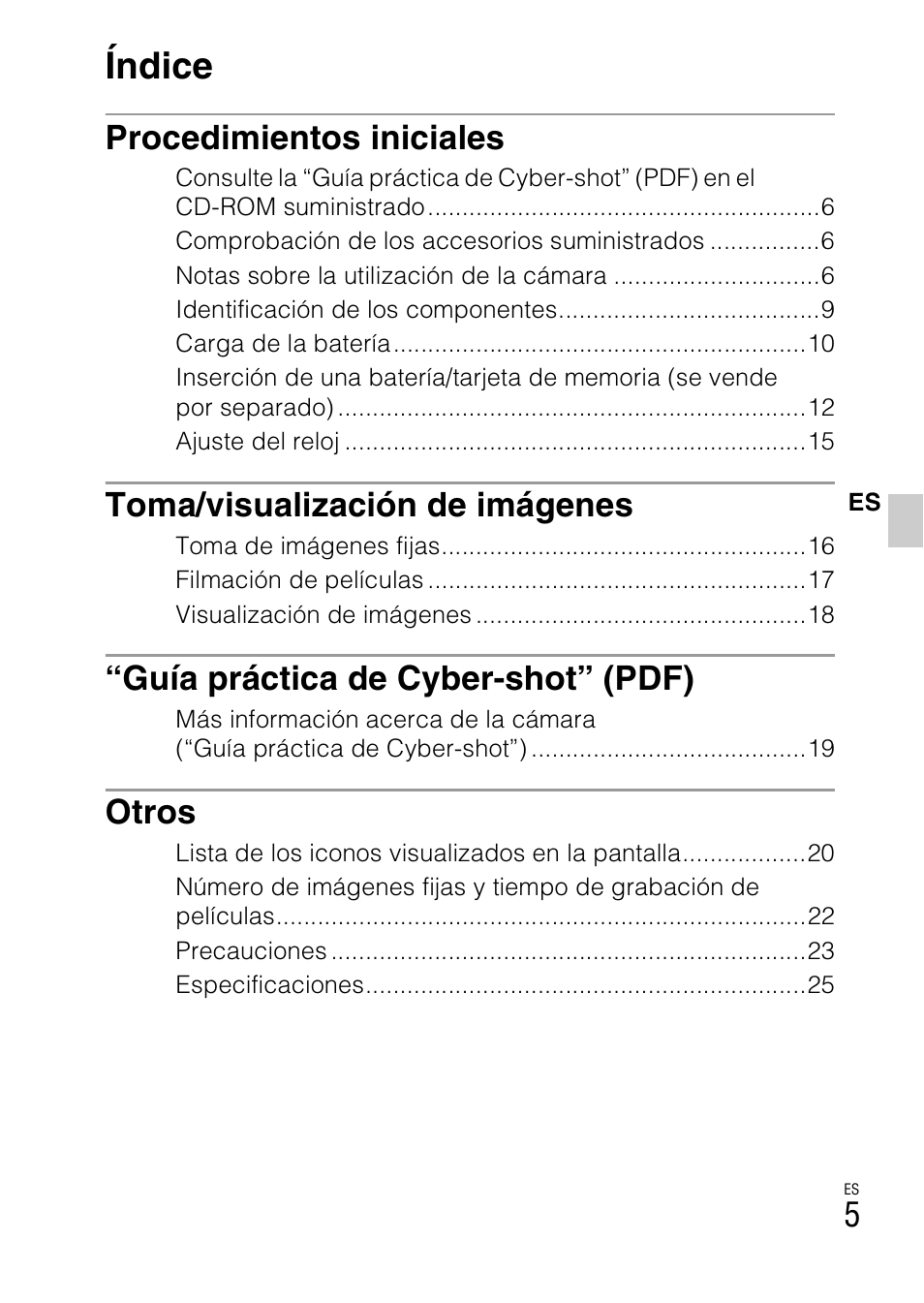 Índice, Procedimientos iniciales, Toma/visualización de imágenes | Guía práctica de cyber-shot” (pdf), Otros | Sony CYBER-SHOT DSC-H55 User Manual | Page 33 / 56