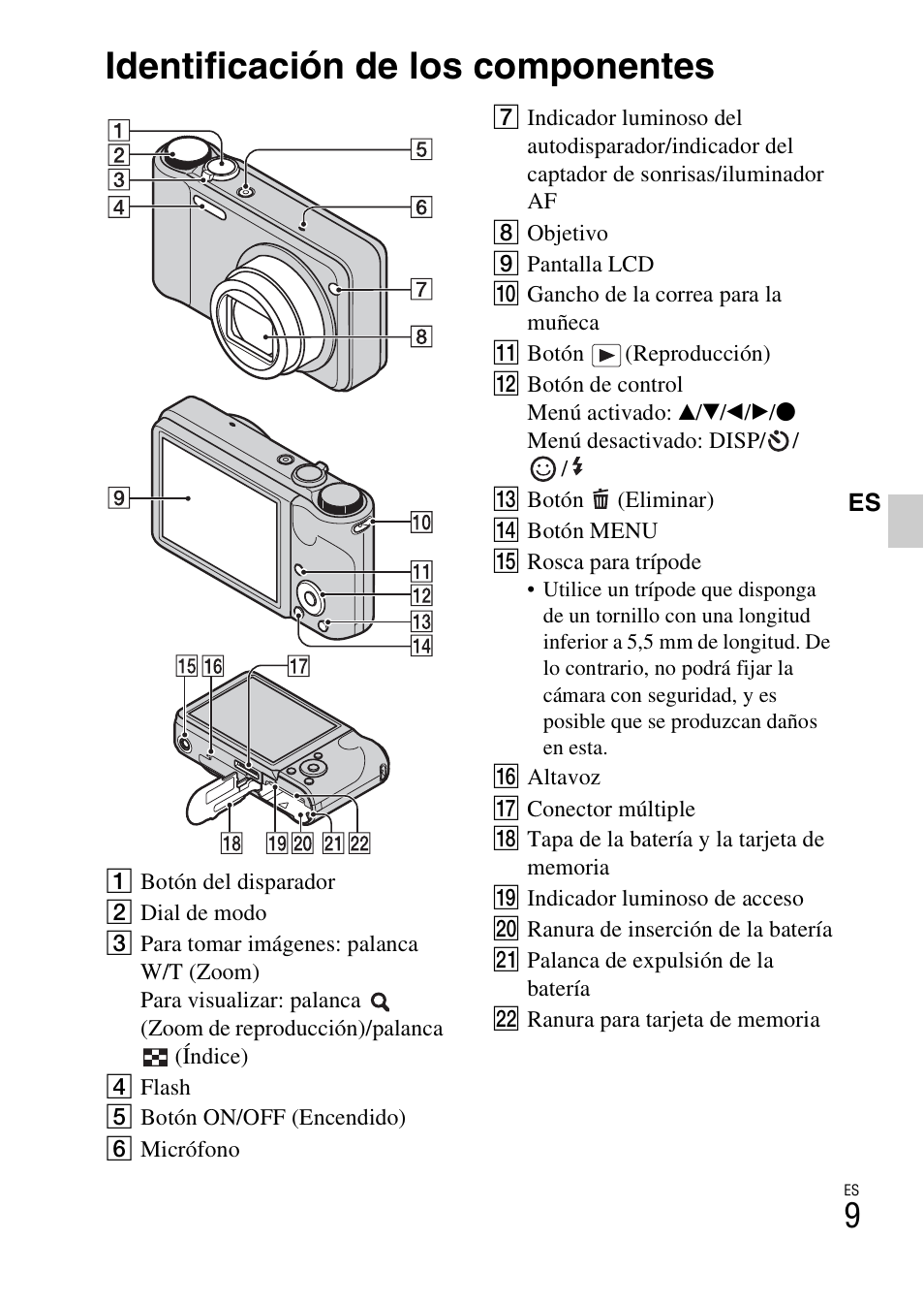 Identificación de los componentes | Sony CYBER-SHOT DSC-H55 User Manual | Page 37 / 56
