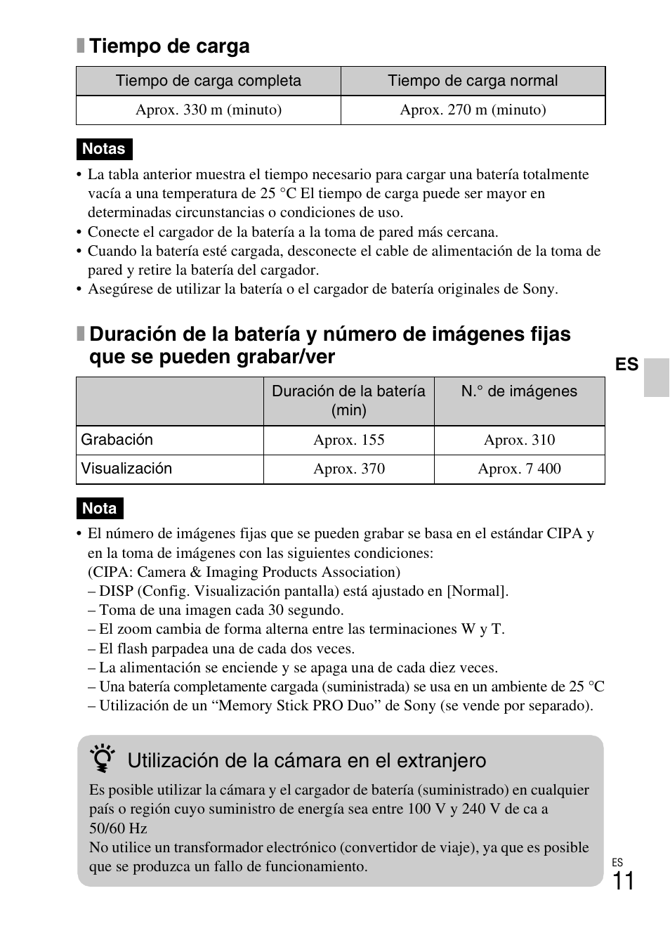 Xtiempo de carga, Utilización de la cámara en el extranjero | Sony CYBER-SHOT DSC-H55 User Manual | Page 39 / 56