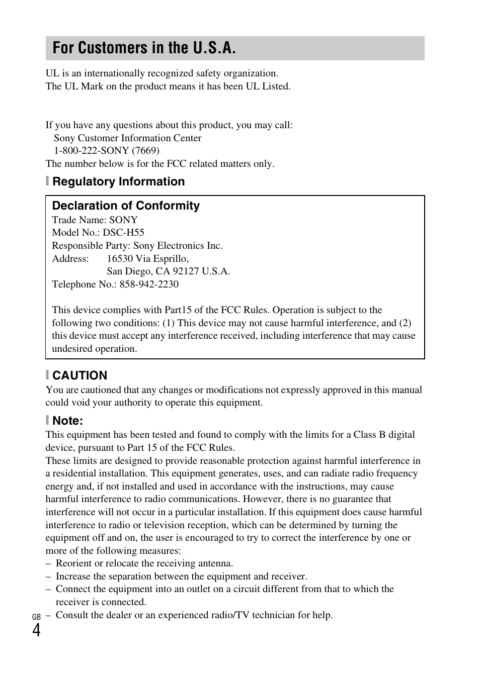 For customers in the u.s.a | Sony CYBER-SHOT DSC-H55 User Manual | Page 4 / 56
