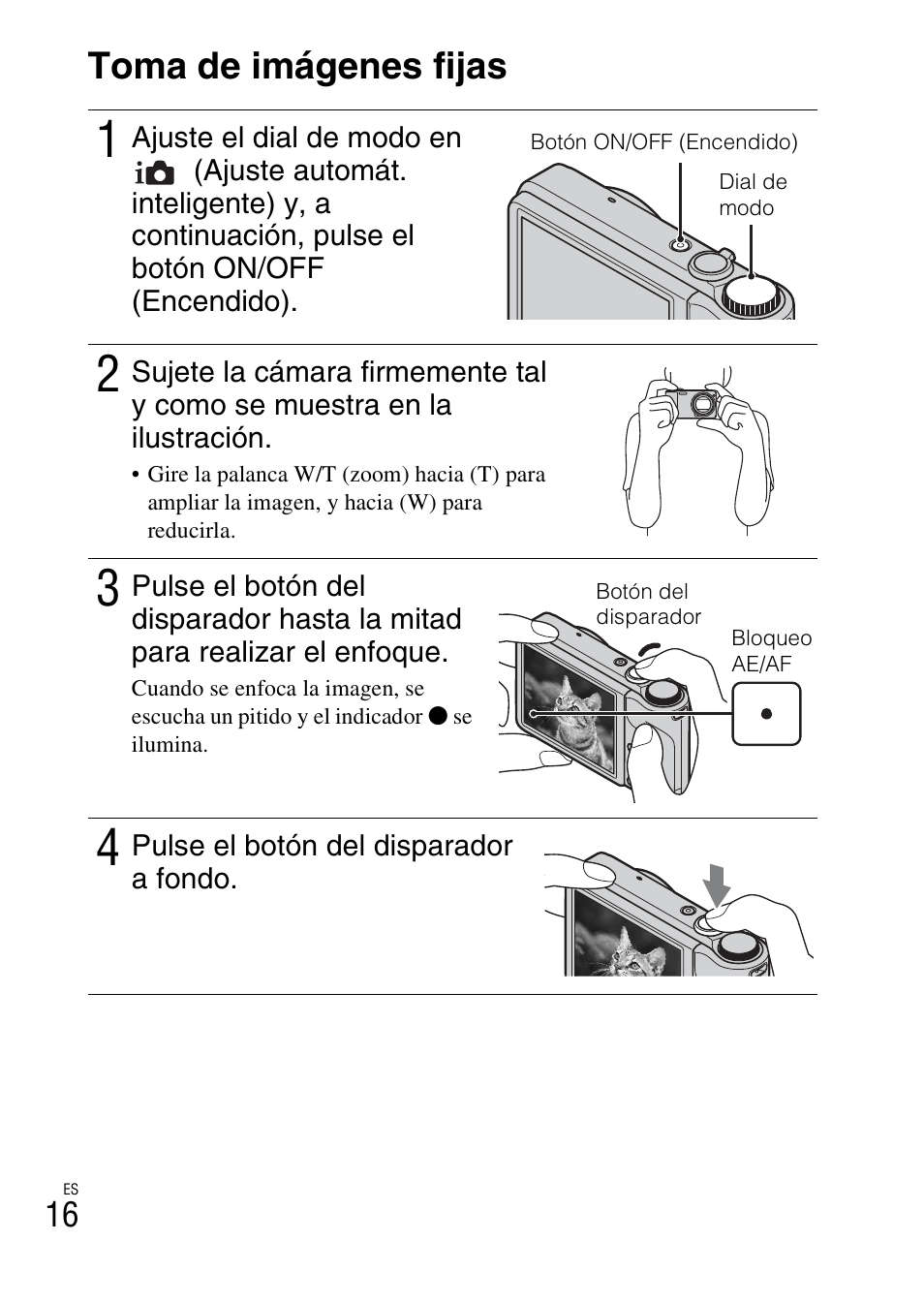 Toma/visualización de imágenes, Toma de imágenes fijas | Sony CYBER-SHOT DSC-H55 User Manual | Page 44 / 56