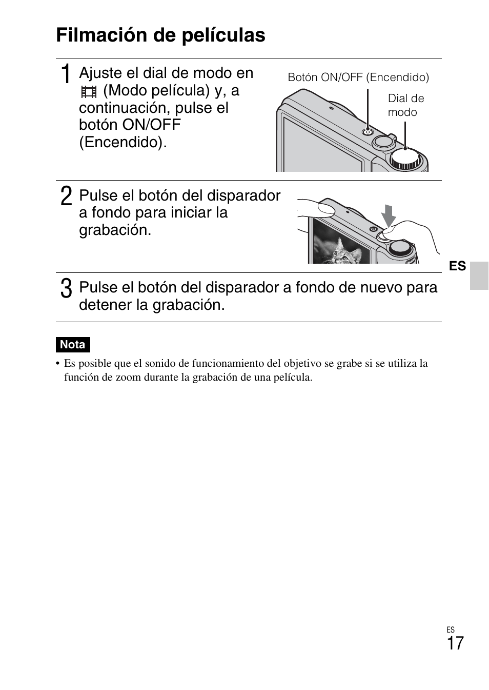 Filmación de películas | Sony CYBER-SHOT DSC-H55 User Manual | Page 45 / 56