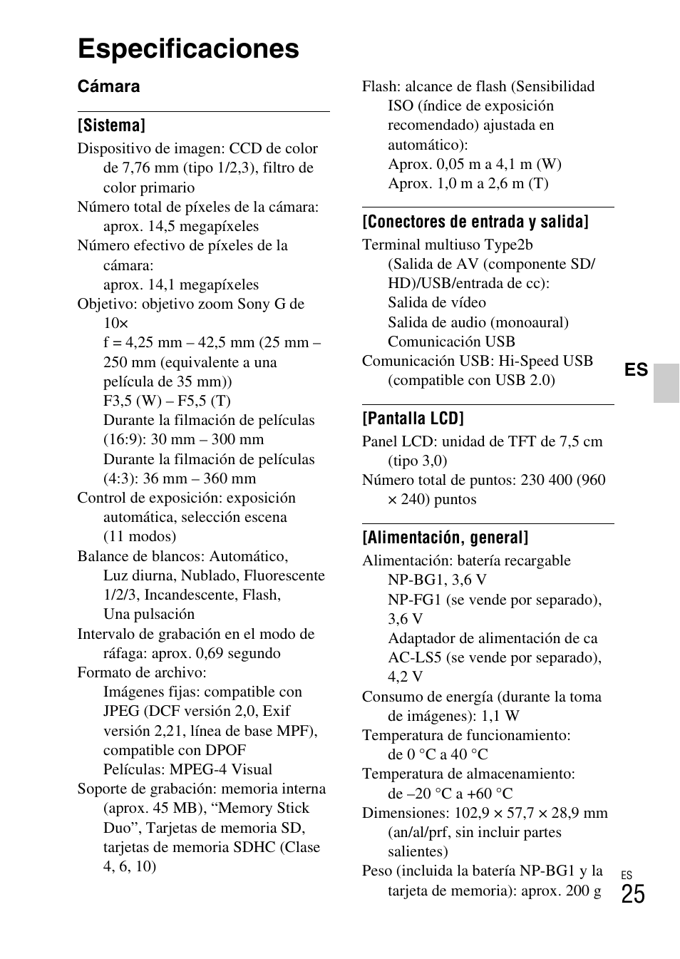 Especificaciones | Sony CYBER-SHOT DSC-H55 User Manual | Page 53 / 56