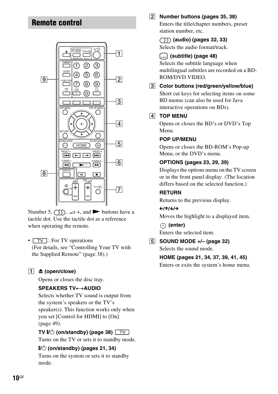 Remote control | Sony BDV-EF200 User Manual | Page 10 / 64