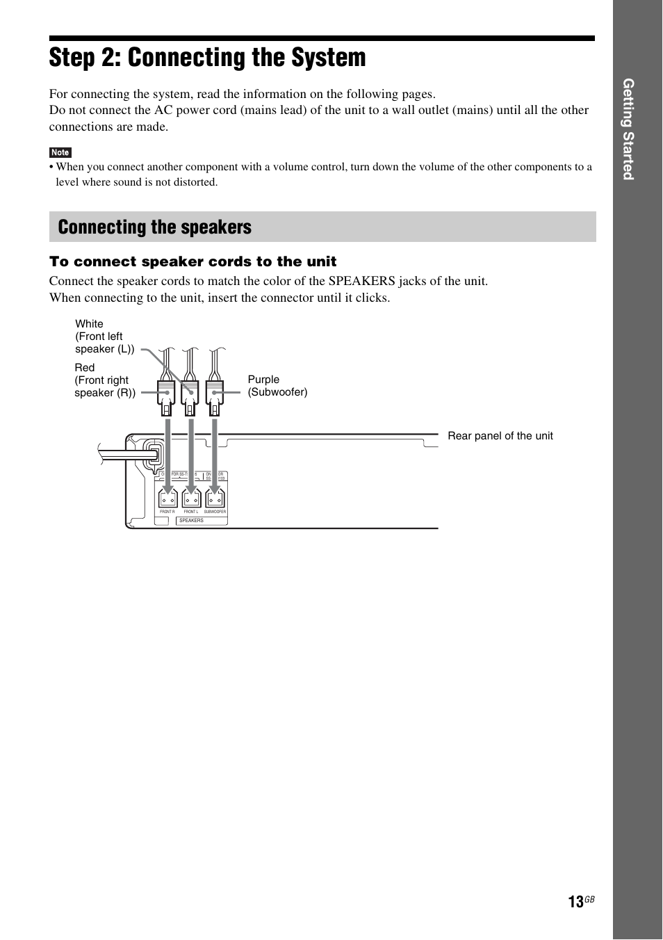 Step 2: connecting the system, Connecting the speakers, E 13) | Ge tting star te d | Sony BDV-EF200 User Manual | Page 13 / 64