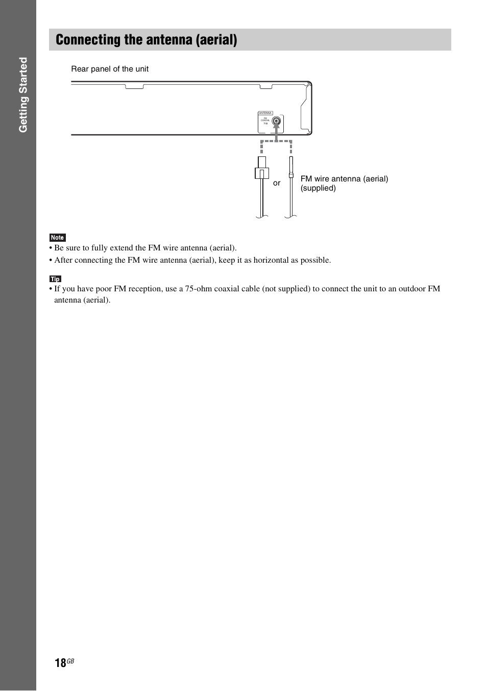 Connecting the antenna (aerial), E 18), Gettin g star ted | Sony BDV-EF200 User Manual | Page 18 / 64